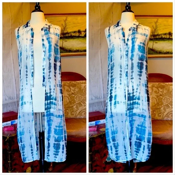Go Silk Blue and White Tie Dye Duster or Swimsuit Cover Up - Picture 2 of 16
